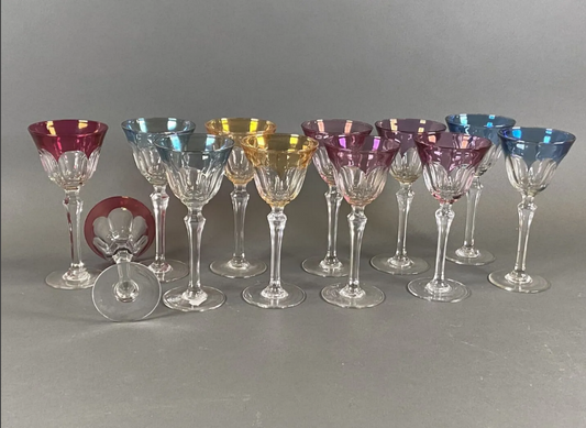 Juego de 12 copas de vino de cristal tallado multicolores