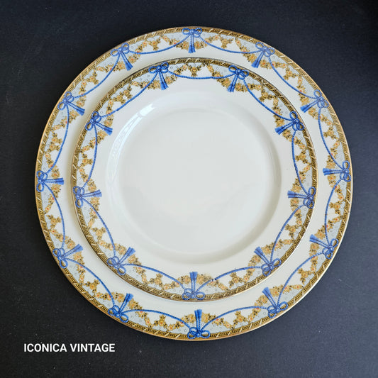 Gran vajilla porcelana de Limoges lazos azules  y guirnalda flores oro