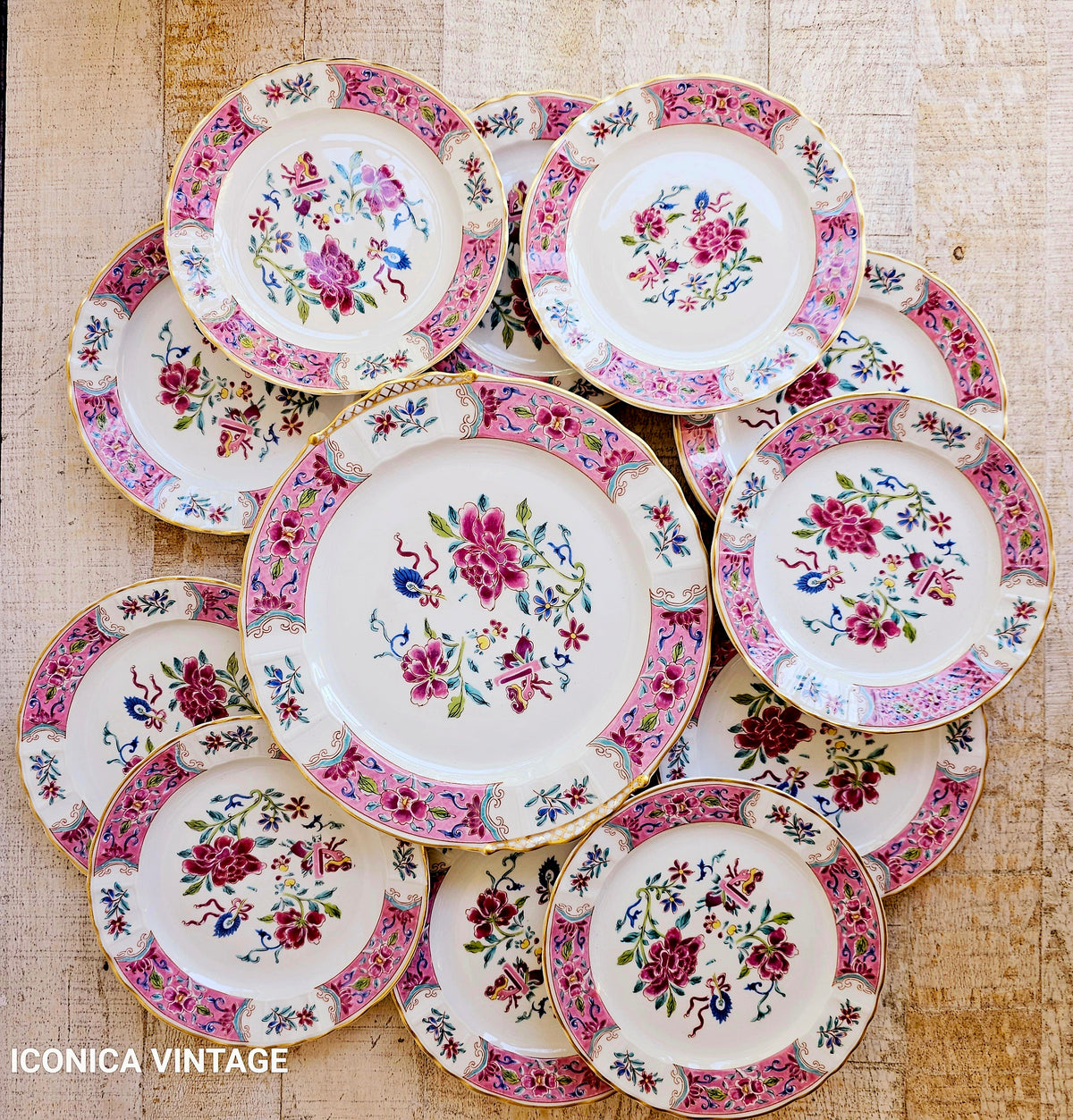 Juego de postre porcelana de limoges Bernardaud policromado rosa 