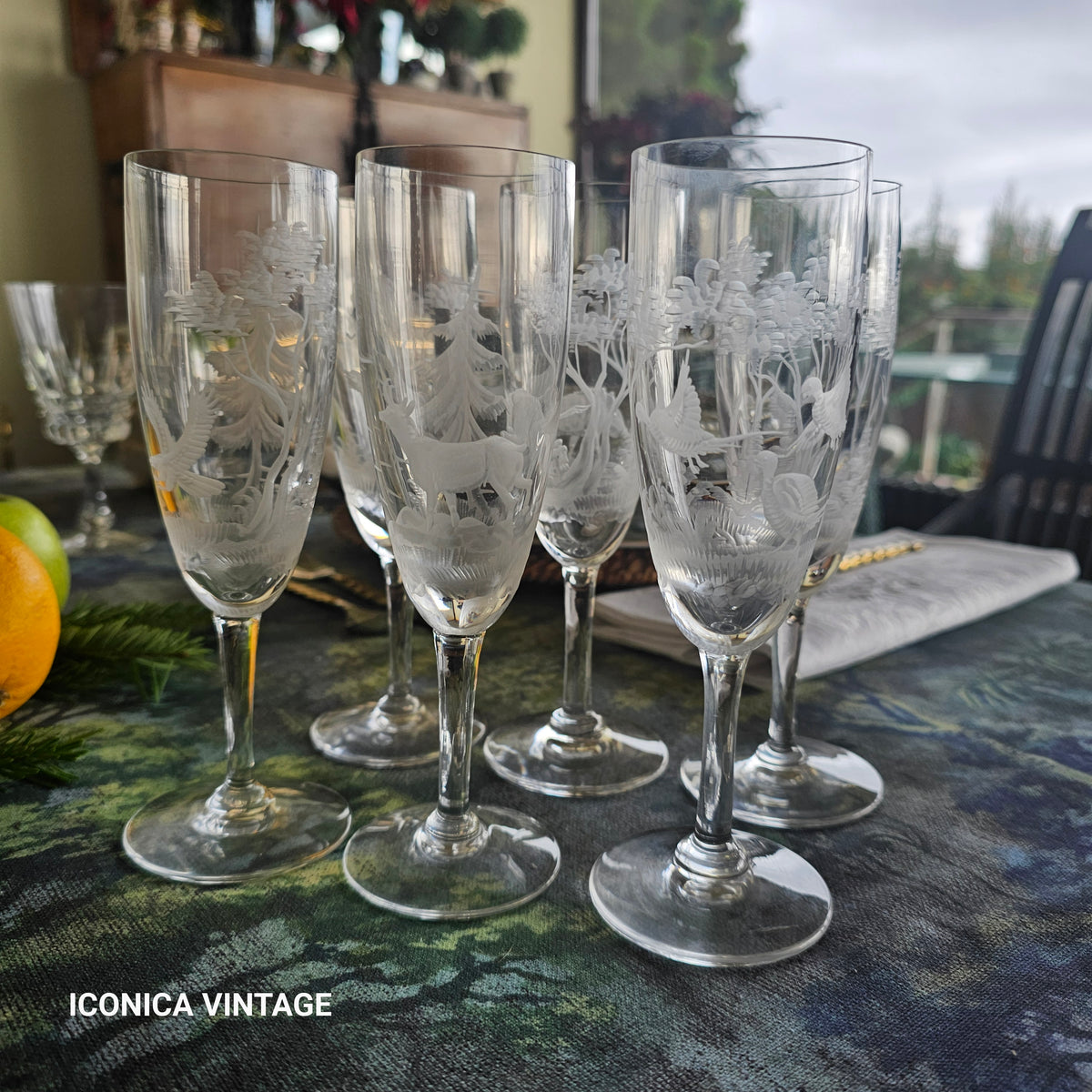 copas flauta de champagne grabadas escenas de caza