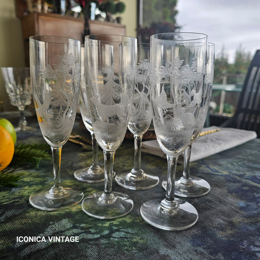 copas flauta de champagne grabadas escenas de caza
