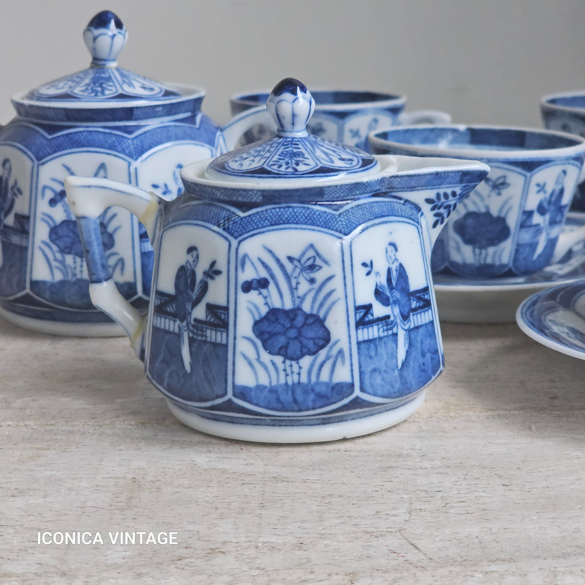 juego de cafe oriental azul y blanco
