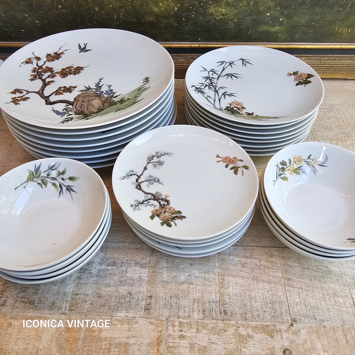 Vajilla de porcelana alemana pintada a mano con paisajes orientales
