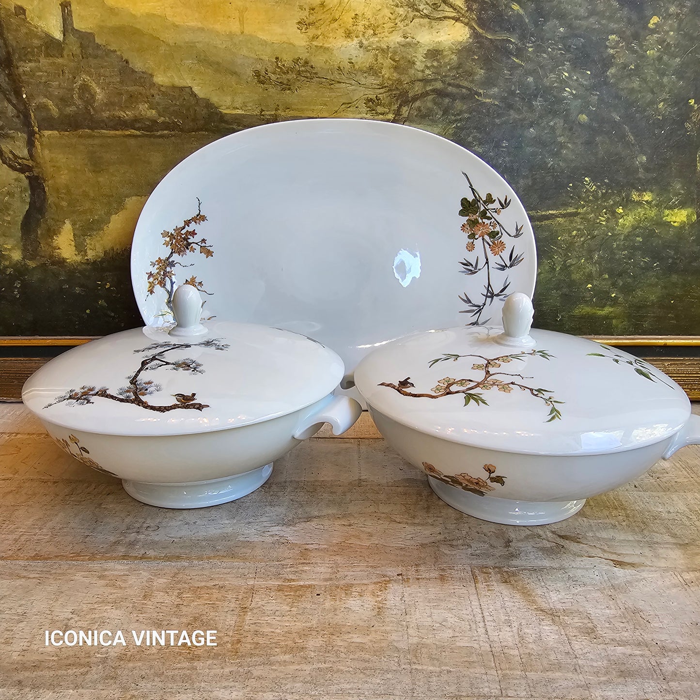 Vajilla de porcelana alemana pintada a mano con paisajes orientales