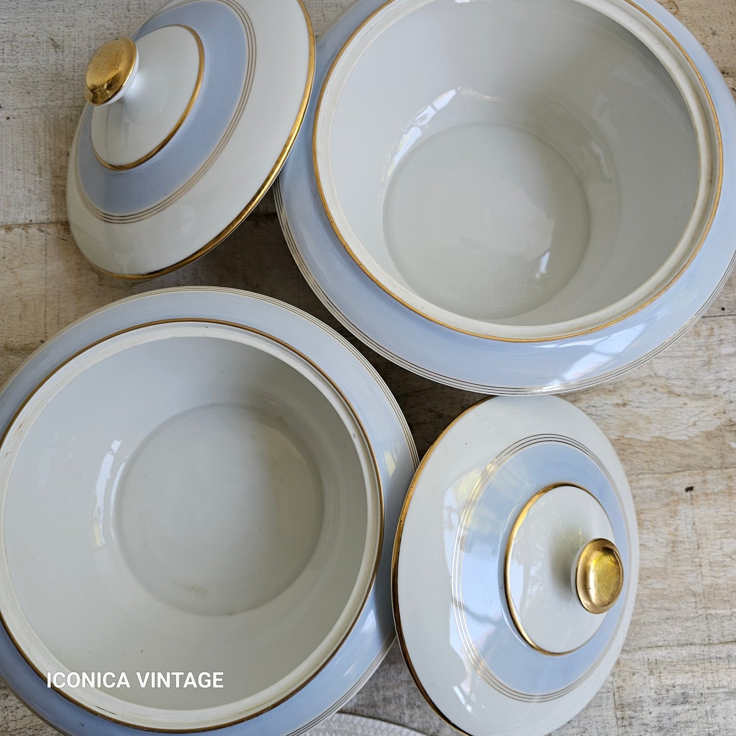 Vajilla de porcelana de Vierzon, años 30, color celeste