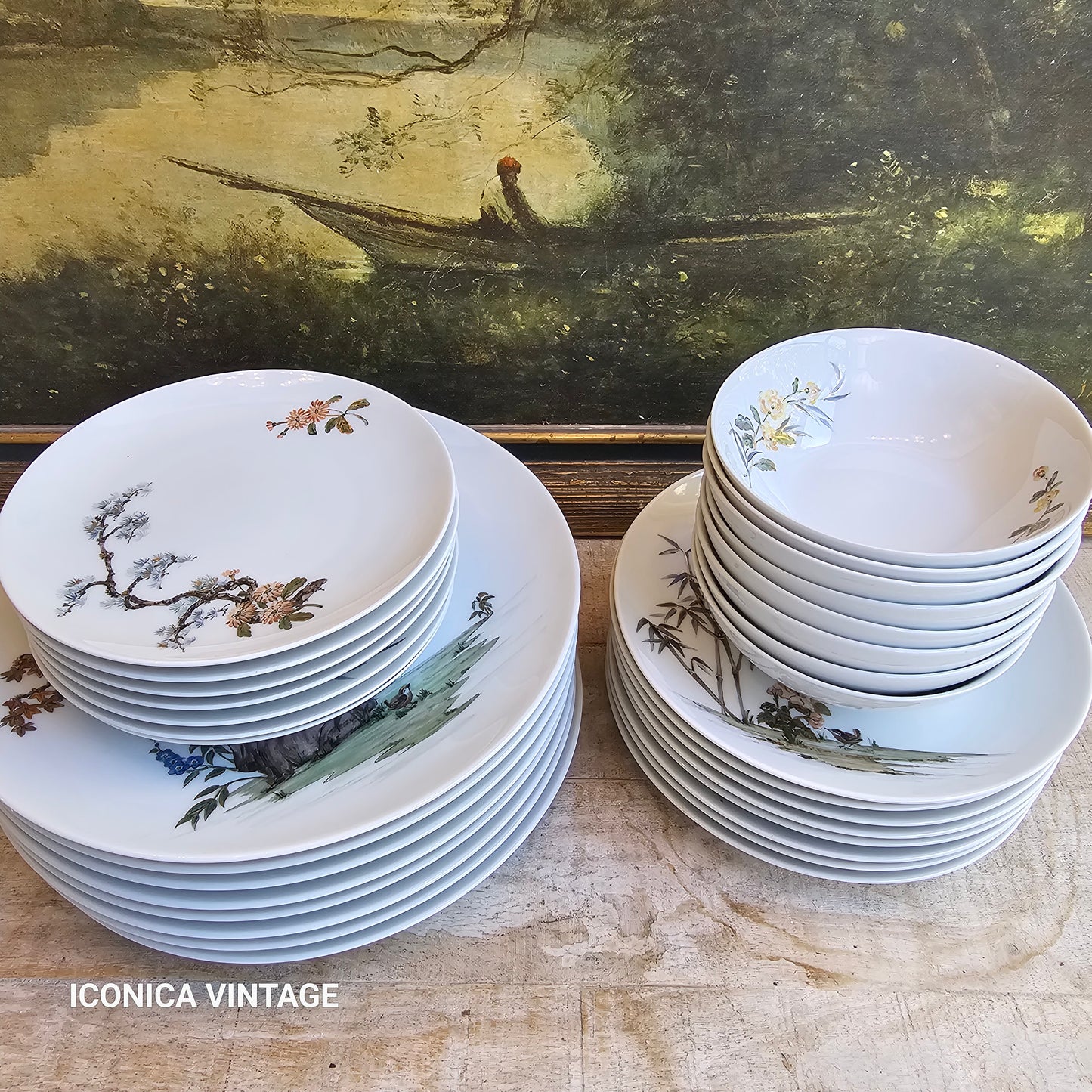 Vajilla de porcelana alemana pintada a mano con paisajes orientales