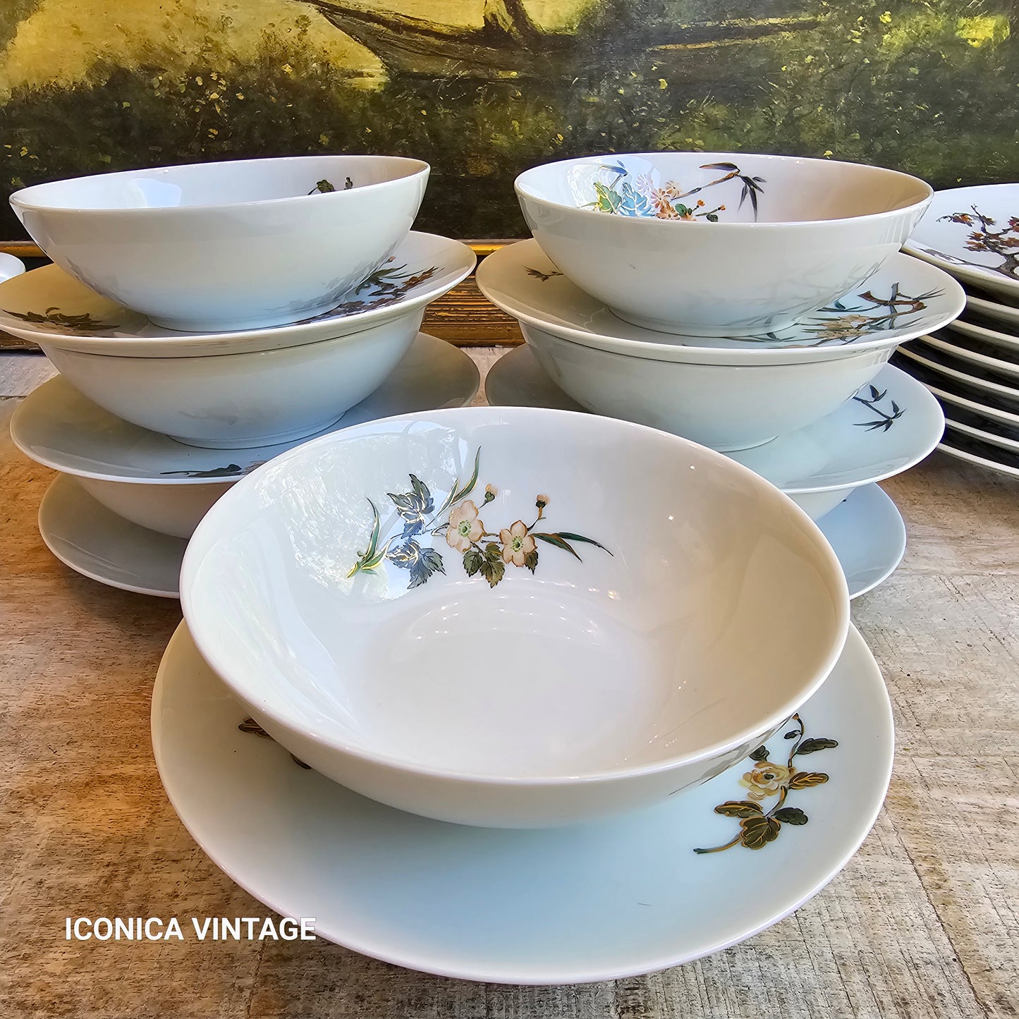 Vajilla de porcelana alemana pintada a mano con paisajes orientales