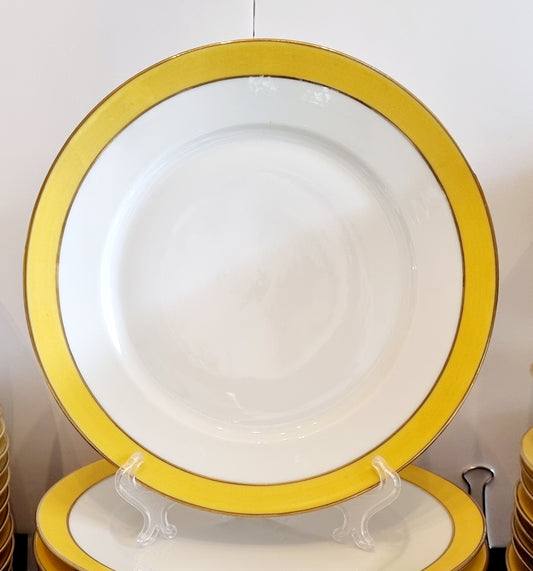 12 platos llanos con gran borde decorado en amarillo y oro