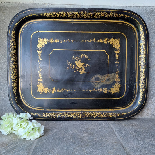 Gran bandeja metal negro y oro Napoleon III