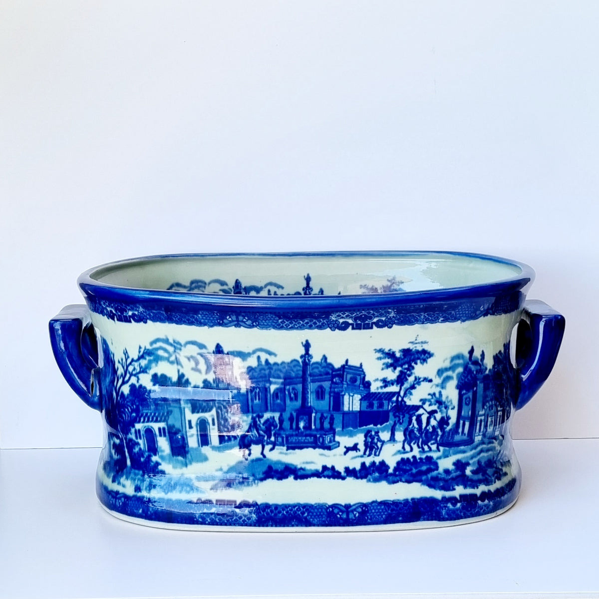 Gran jardinera inglesa transferware azul cobalto