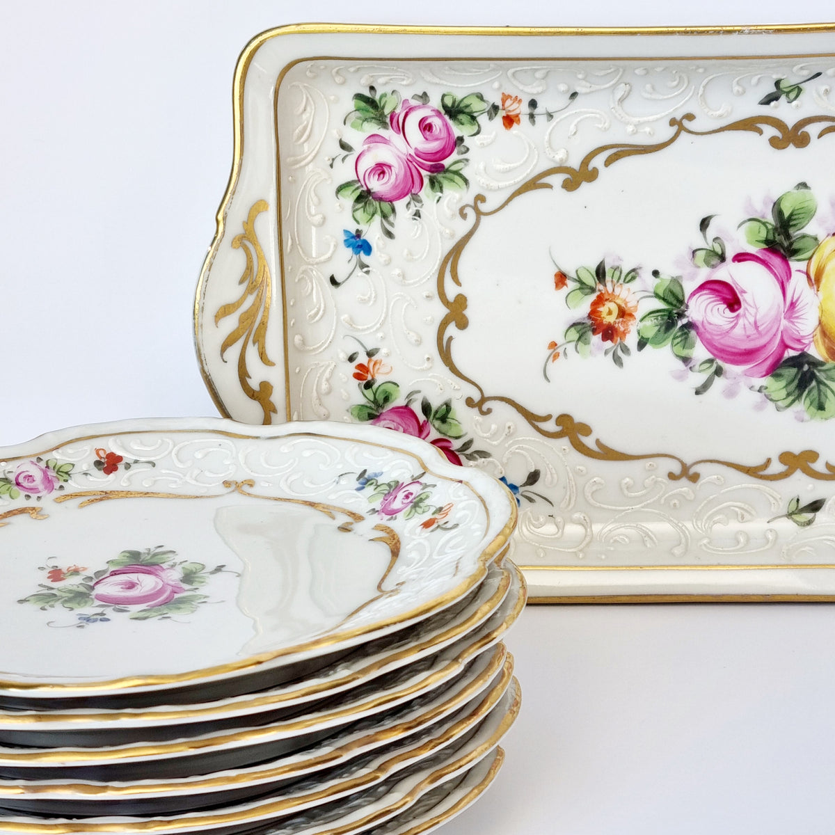 juego de postre para 12 porcelana de paris oro y flores