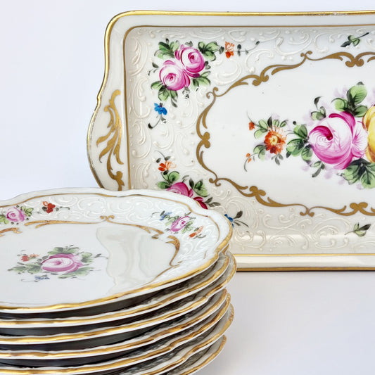 juego de postre para 12 porcelana de paris oro y flores